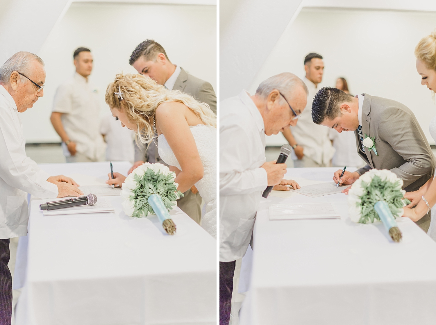 bride and groom sign marriage certificate in Cancun wedding