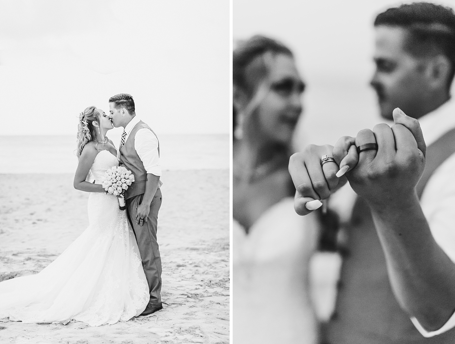 bride and groom kissing on beach in Oasis Cancun wedding
