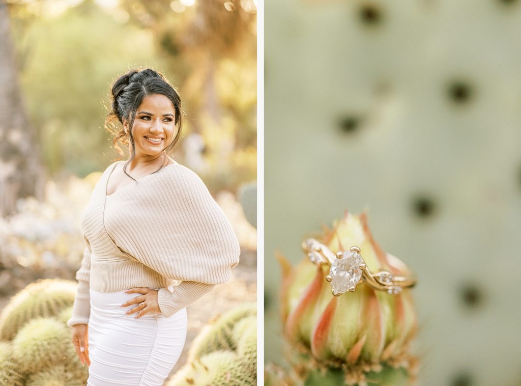 two side by side portraits in the Arizona cactus garden, one of woman posed looking off camera and smiling, the second a close up of her engagement ring set on the top of a cactus