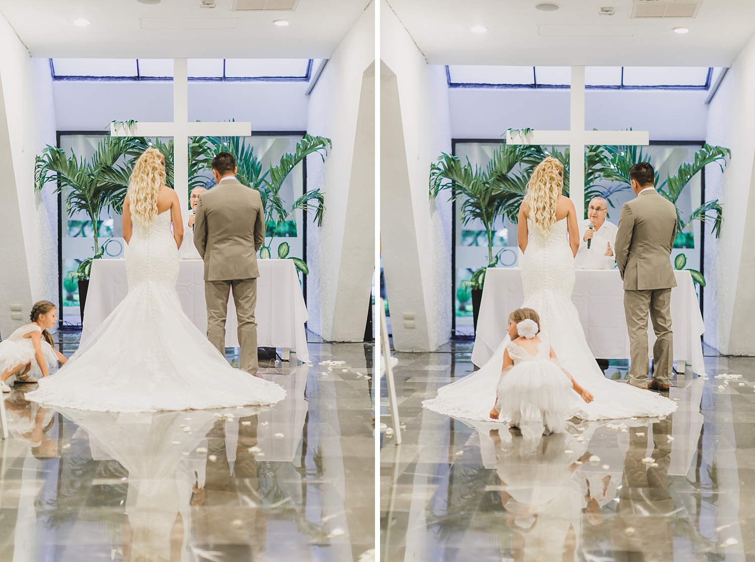 flower girl fixes bride's dress in Cancun wedding