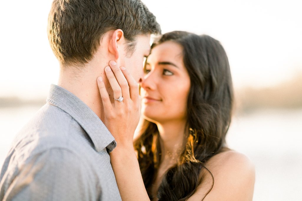 sunset couple portrait, engagement photo, Redding photography, close up of engagement ring