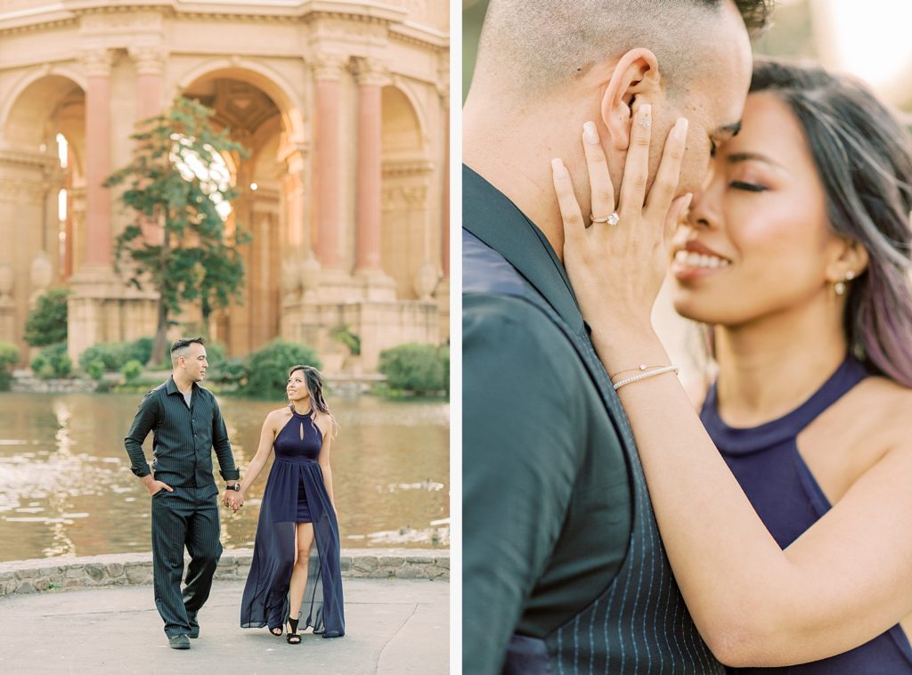 engaged couple at Palace of Fine Arts in San Francisco