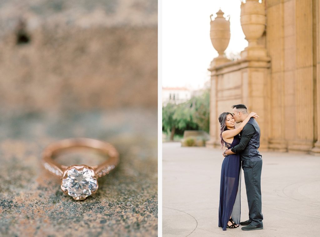 close up of engagement ring and photo of engaged couple at Palace of Fine Arts in San Francisco