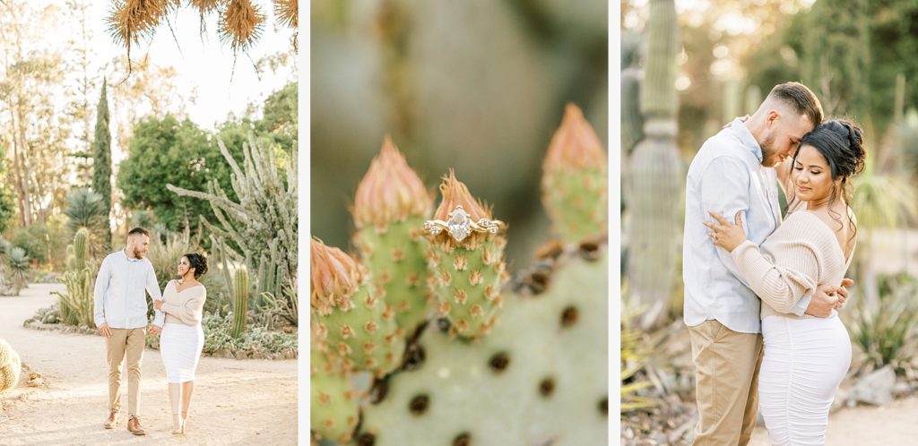 three side by side images of engaged couple in a cactus garden