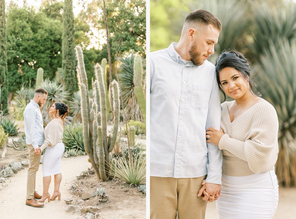 two side by side portraits of engaged couple in the Arizona cactus garden