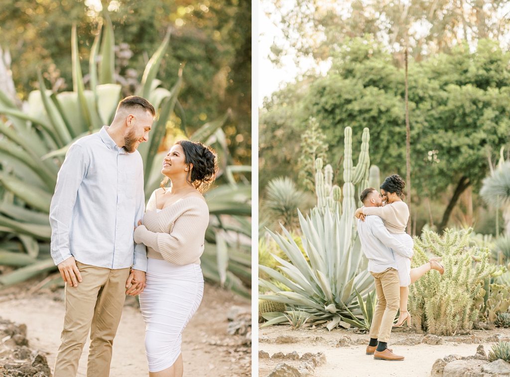 two side by side portraits of engaged couple in the Arizona cactus garden
