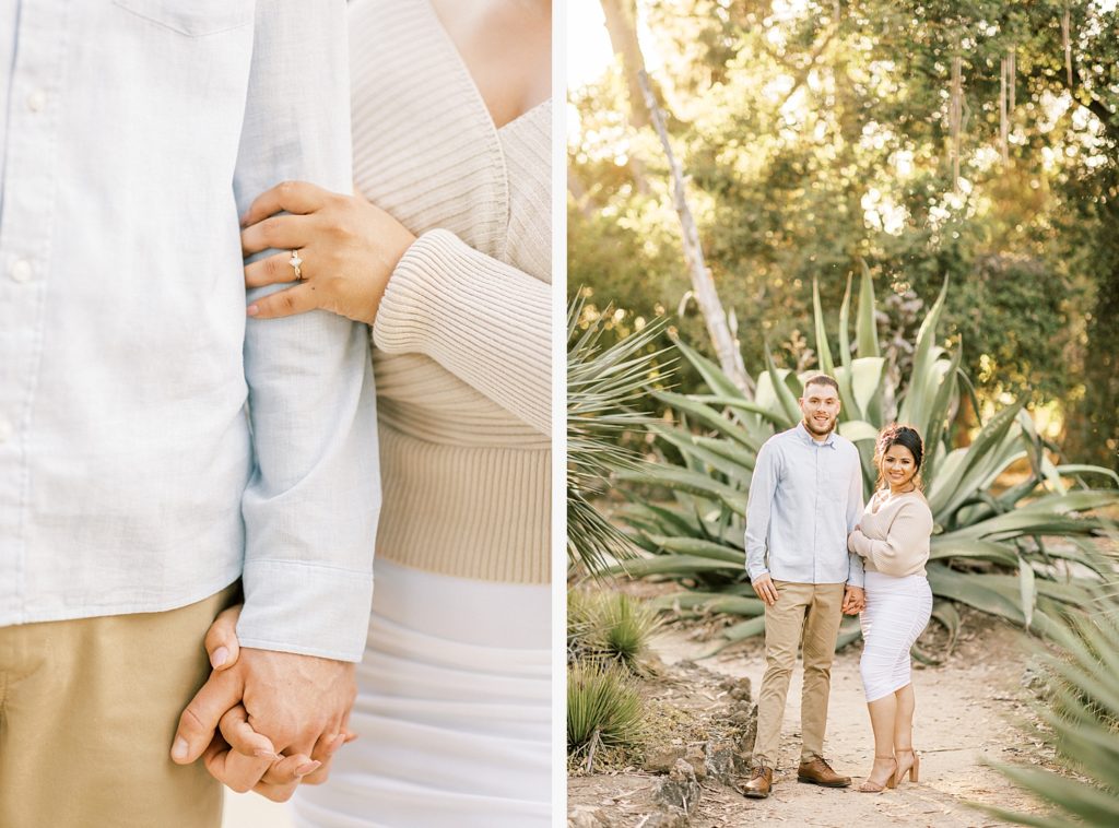 two side by side portraits of engaged couple in the Arizona cactus garden, one image is a close up of their hands