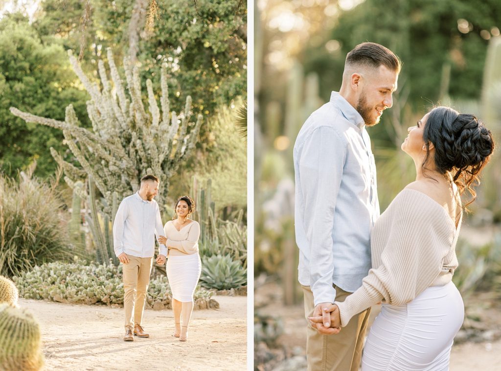 two side by side portraits of engaged couple walking in the Arizona cactus garden