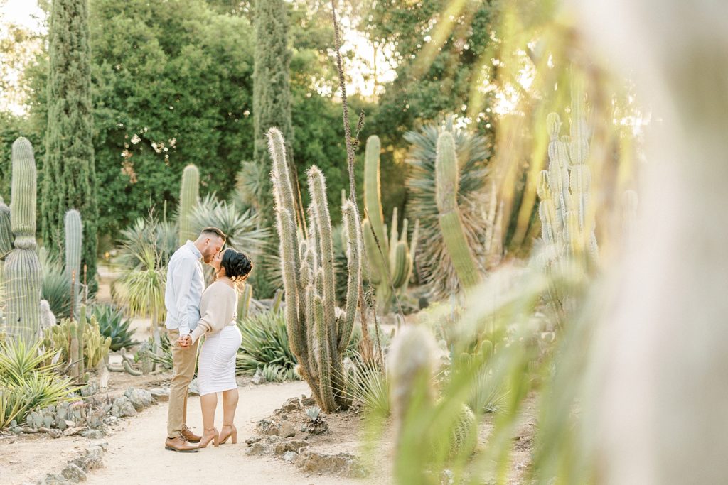 wide angle landscape portrait of engaged couple kissing in the Arizona cactus garden